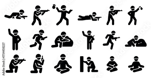 Military and combat silhouette icons set – army, war, tactical symbols