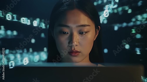 Young woman looks at screen displaying binary code, futuristic tech or data visualization