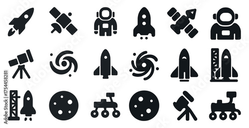 Space exploration solid icons set – filled, galaxy and astronaut symbols