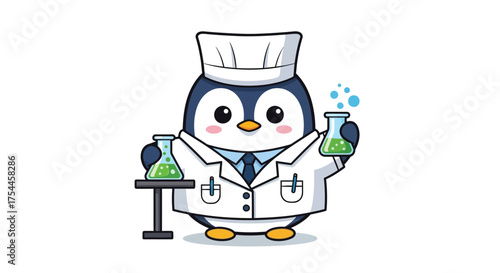 Cartoon penguin scientist in lab coat holding beakers with green liquid.