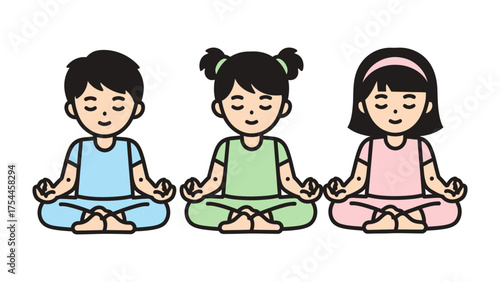 Meditative Trio: Three serene children seated in a cross-legged position practice mindfulness, radiating calmness and inner peace. Their eyes are gently closed, and the room is still.