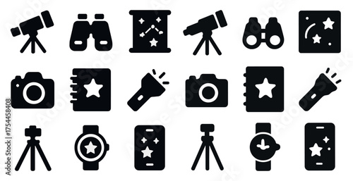 Astronomy and stargazing icons set – silhouette, filled, telescope and sky exploration symbols