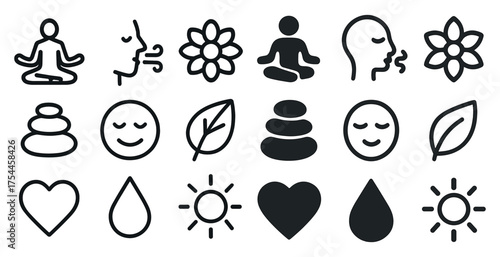 Meditation and wellness outline icons set – yoga, zen, relaxation symbols