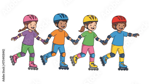 Joyful Rollerskating: Four young friends, protected by colorful helmets and pads, glide hand-in-hand on roller skates, embracing the thrill of the sport in a vibrant display of friendship and fun.