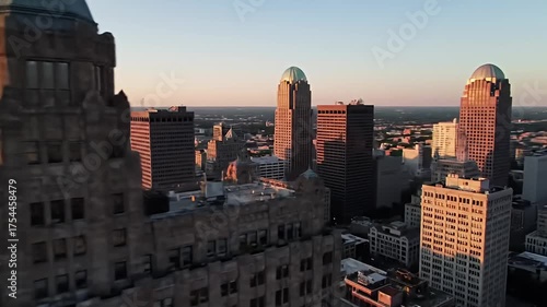 Urban landscape featuring various heights and styles of buildings at sunset