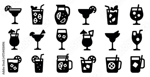 Cocktail and beverage silhouette icons set – solid, filled, drink and bar symbols