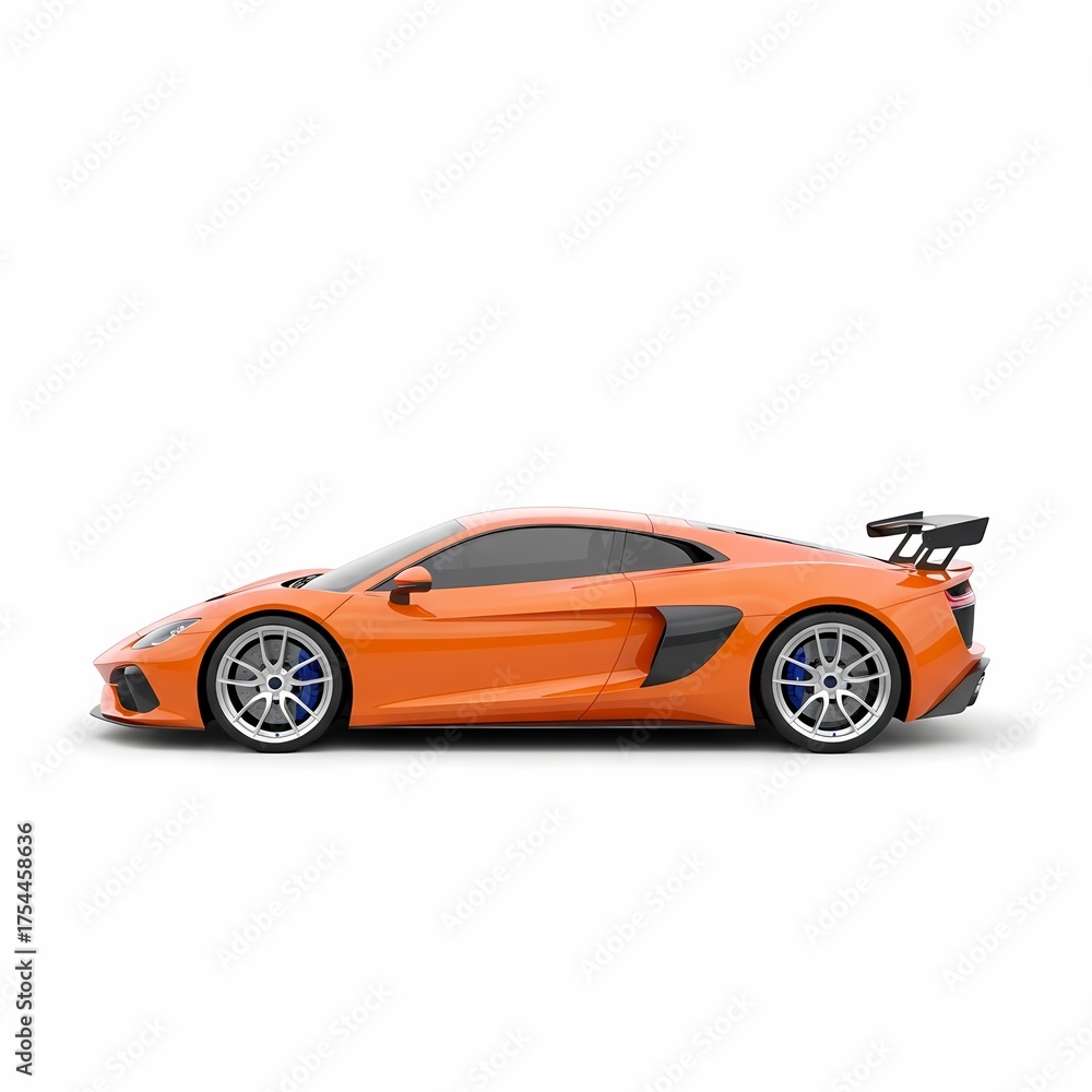 Fototapeta premium High-performance sleek orange sports car with aerodynamic design and spoiler side view on white background for automotive enthusiasts