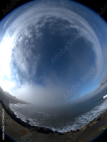 Expansive coastal sky with low lying sea mist and diffused cloud formations merging seamlessly with the ocean horizon in a tranquil hazy atmosphere
