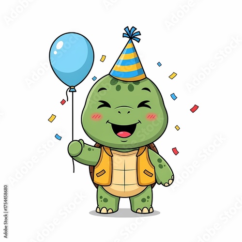 Adorable Cartoon Turtle Wearing Party Hat Holding Blue Balloon Surrounded by Colorful Confetti on White Background Illustration