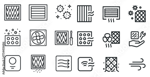 Air purification outline icons set – clean, filtration, and health symbols