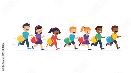 Playtime Procession: Joyful children, each clutching a vibrant balloon, sprint forward in a scene of pure childhood energy and camaraderie. 