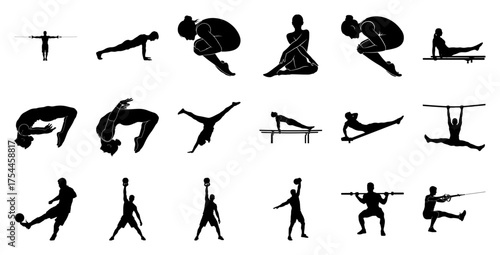 Diverse athletic poses and exercises silhouette fitness