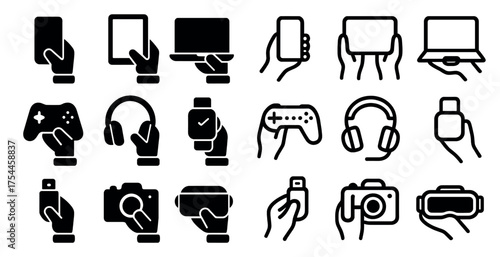 Technology and devices icons set – silhouette, filled, gadget and electronics symbols