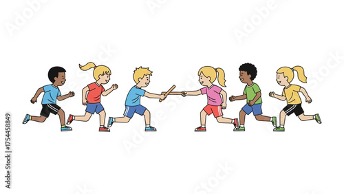 Relay Race: A group of children are participating in a relay race, their faces beaming with determination and the joy of competition, a clear reflection of youthful energy and sport.
