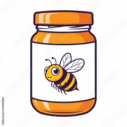 Illustrated jar of honey with cute bee design on label, featuring vibrant orange color, perfect for packaging, branding, and marketing