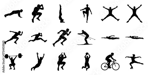 Diverse athletic silhouettes on white background sports figures