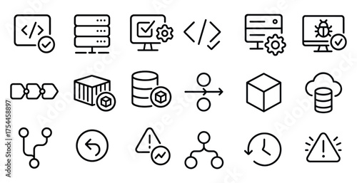 Programming and development icons set – outline, linear, coding symbols
