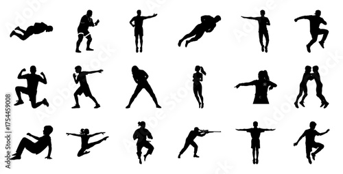 Diverse human silhouettes in action people sports