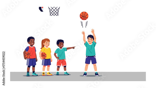 Basketball Game Illustration: Dynamic illustration capturing a basketball game, featuring kids playing basketball. One player is throwing a ball into the basket, while others watch