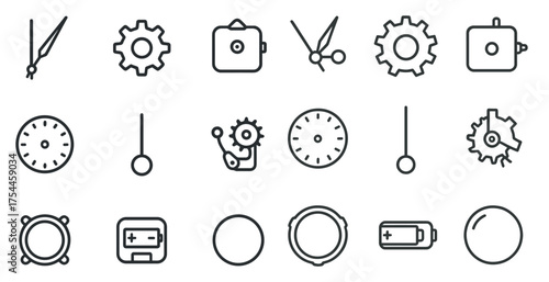 Mechanical and industrial line icons set – outline, linear, gear and tool symbols