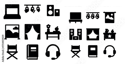 Home and office solid icons set – silhouette, filled, workspace and furniture symbols