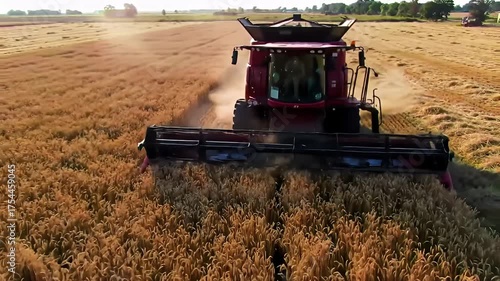Overhead shot of a combine harvesting a field of wheat under a sunny sky