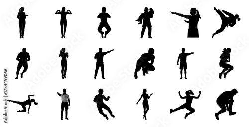 Diverse human silhouettes in action people sports