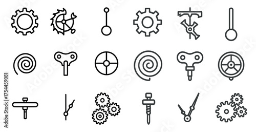 Clockwork and gear outline icons set – linear, mechanical, timepiece symbols