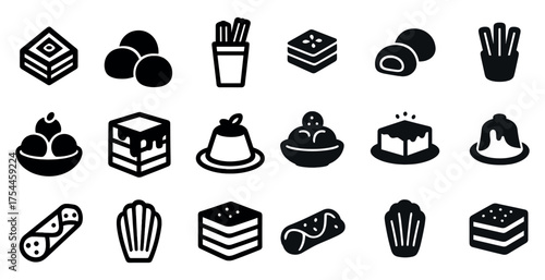 Desserts and sweets solid icons set – silhouette, filled, confection and pastry symbols