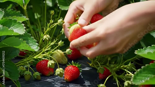 Picking ripe, red strawberries among green leaves in a field on a bright, sunny day