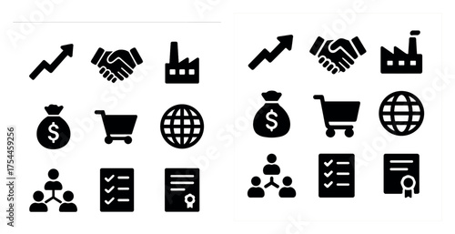 Business and commerce solid icons set – filled, transaction, corporate symbols