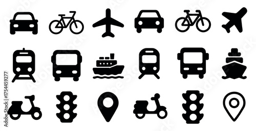 Transportation and travel icons set – solid, filled, transit and navigation symbols