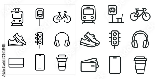Transportation and fitness line icons set – outline, linear, travel and exercise symbols