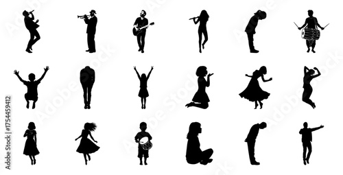 Diverse human silhouettes in various poses people music
