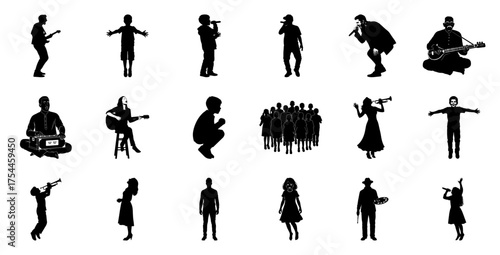 Diverse people performing and playing instruments silhouette