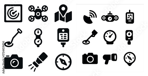 Treasure hunt adventure solid icons set – filled, exploration, gps and tools symbols