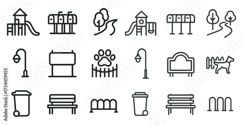 Park and playground outline icons set – line, linear, garden and recreational symbols