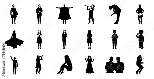 Diverse people performing music and dancing silhouette