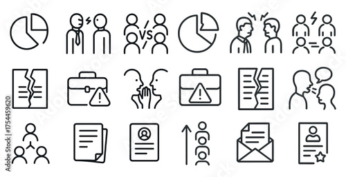 Conflict resolution outline icons set – flat, linear negotiation symbols