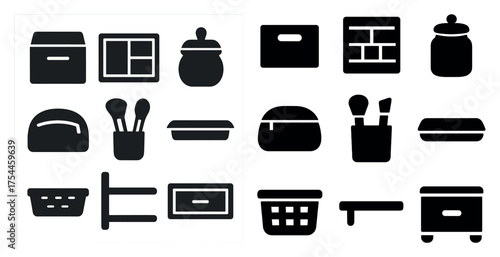 Home organization solid icons set – silhouette, filled, storage and declutter symbols