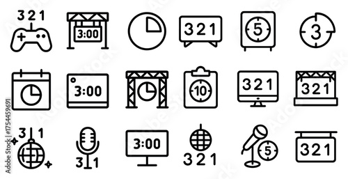 Countdown and timer outline icons set – time, clock, stopwatch symbols