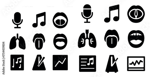 Audio and music silhouette icons set – solid, filled, sound and vocal symbols