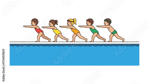 Poolside Anticipation: Five young swimmers poised at the edge of a pool, ready to dive into the refreshing water. They're radiating excitement and focus before their swim.
