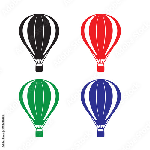 Hot Air Balloon Icon Set – Stylized Black, Red, Green, and Blue Balloons with Vertical Stripes for Travel Graphics, Adventure Themes, and Decorative Design