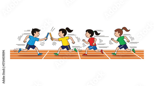 Relay Race Illustration: A vibrant illustration captures the essence of a relay race, with young athletes energetically passing the baton, symbolizing teamwork, competition.