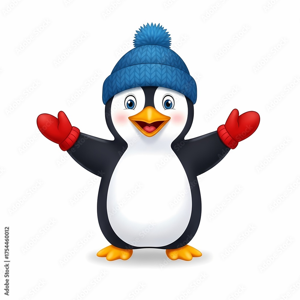 Fototapeta premium Cute cartoon penguin in blue winter hat and red mittens with happy expression, isolated on white background for festive holiday decorations