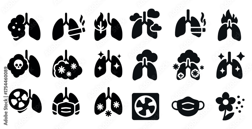 Fototapeta premium Lung health icons set – silhouette, solid, respiratory and medical care symbols