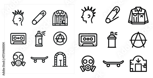 Punk rock outline icons set – music, rebellion, style and culture symbols