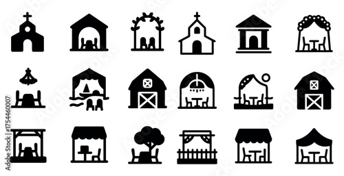 Wedding and event icons set – silhouette, solid, celebration and venue symbols