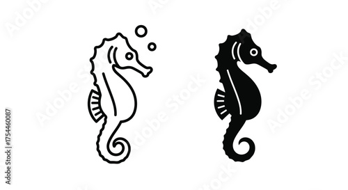 Two stylized seahorse icons, one in outline with bubbles and one solid black silhouette, representing marine life.